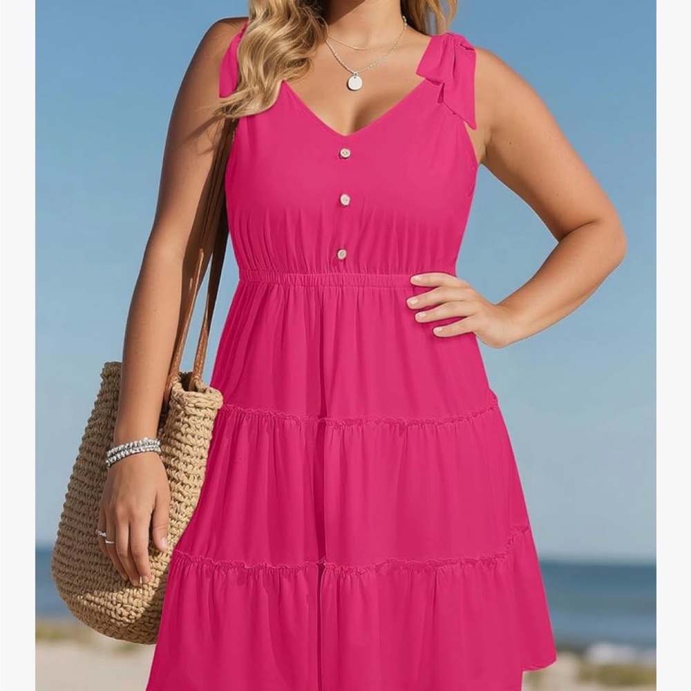 Bright Pink Tie-Strap Tiered Sundress